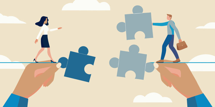 Business people building a bridge with puzzle pieces connecting two sides for collaboration and teamwork