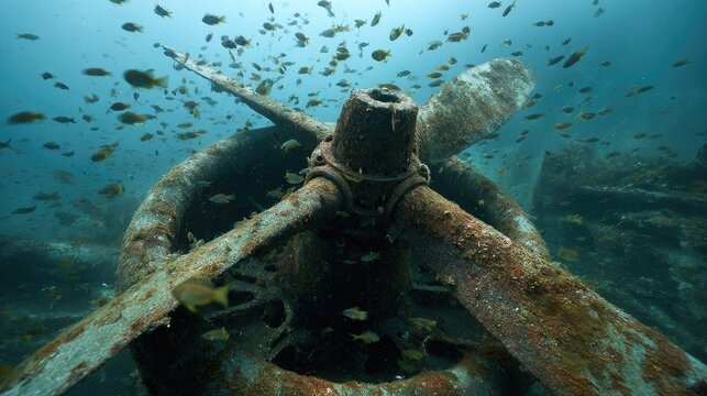 Rusty propeller, underwater wreckage, surrounded by fish