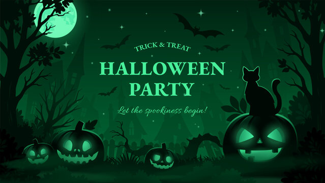 Spooky Green Halloween Banner with Jack-O&rsquo;-Lanterns