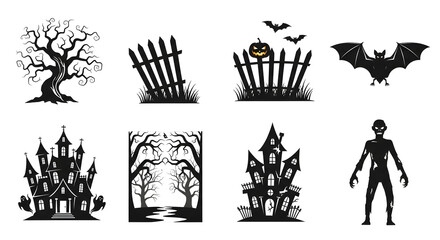 Set of Halloween icons spooky haunted houses, creepy trees, fences, bats, and a zombie illustration