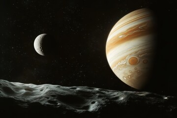 juxtaposition of gas giant and moon in dark space.