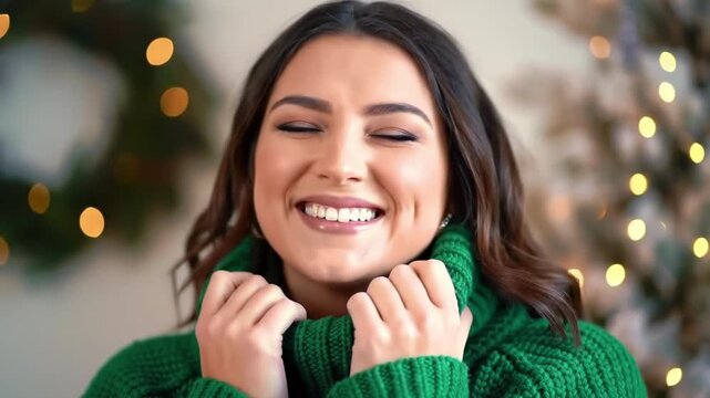 Closeup of a happy young woman wearing a green turtleneck sweater, smiling with festive christmas lights in the background