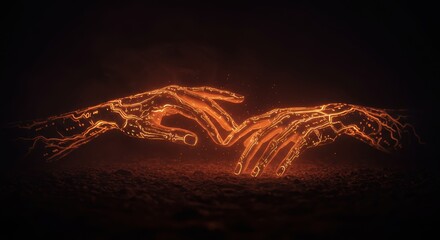 Two glowing, technological hands reach towards each other above a bed of glowing earth, showcasing a captivating and otherworldly scene.