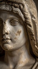 Close-up of a weathered marble bust, woman's head and upper shoulders.  Ancient Roman style, detailed facial features, draped headdress