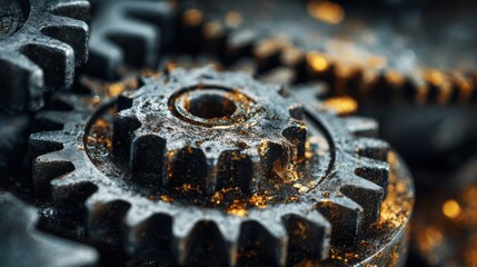 Close-up view of rusty metallic gears with intricate teeth and textures, showcasing the beauty of industrial machinery and the passage of time in mechanical engineering