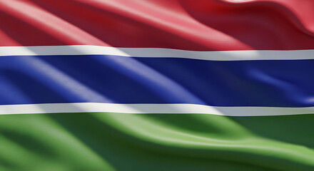 A detailed closeup of the national flag of gambia, showcasing its vibrant red, blue, and green horizontal bands separated by thin white stripes, gently waving in the wind, symbolizing the nations iden