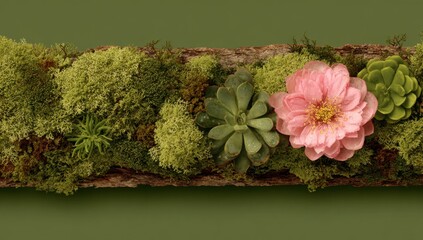 Succulents and moss arranged on a log