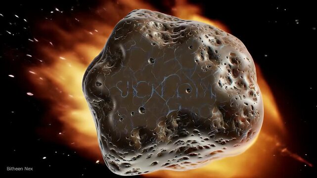 Meteorite with Intense Flames Streaking Through Space on Black Background Cosmic Fireball with Brown Stony Texture and Bright Orange Flames Digital Render