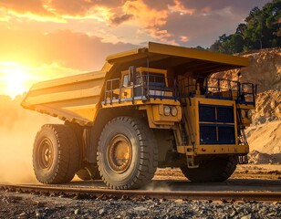 Yellow mining truck at sunset