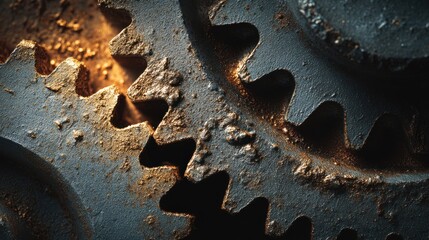 Close-up view of rusty metal gears interlocking with intricate details, showcasing the texture and wear of machinery, representing industrial mechanics and engineering concepts