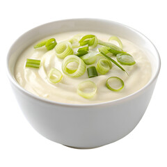 white bowl of creamy leek isolated on white backg