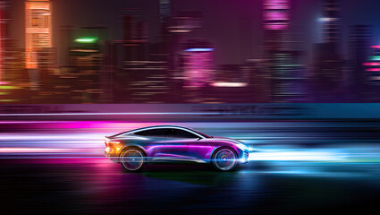 A futuristic SUV driving at high speed against the backdrop of a night city
