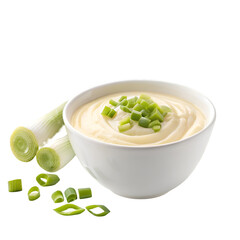 white bowl of creamy leek isolated on white backg