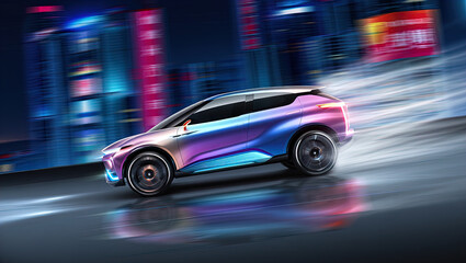 A futuristic SUV driving at high speed against the backdrop of a night city