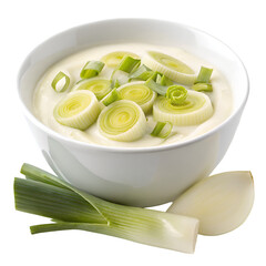 white bowl of creamy leek isolated on white backg