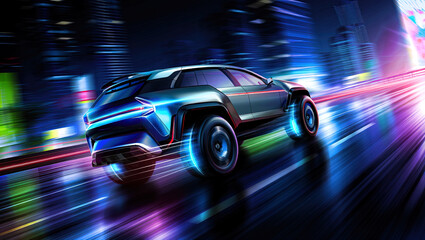 A futuristic SUV driving at high speed against the backdrop of a night city