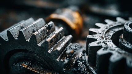 Close-up view of interlocking metal gears covered in grime and oil, showcasing intricate details and textures of machinery in an industrial setting, emphasizing mechanical engineering