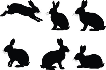 Black rabbit silhouettes in dynamic poses — jumping, sitting, resting — ideal for Easter, nature, wildlife vector designs, logos, and animal-themed illustrations