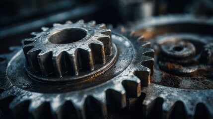 Close-up of metallic gears showcasing intricate details, textures, and rust, emphasizing mechanical engineering and industrial design in a dynamic composition