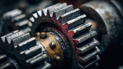 Close-up view of metallic gears with intricate teeth and rust, showcasing the mechanical details and textures of industrial machinery in a dynamic composition