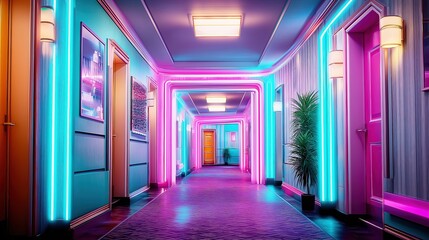 Vibrant Neon Hallway with Glowing Lights