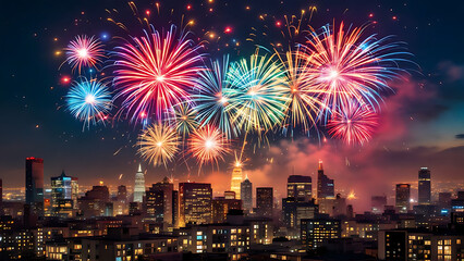 City Fireworks Display. Night Sky Celebration. Colorful Explosions Over Skyline.
