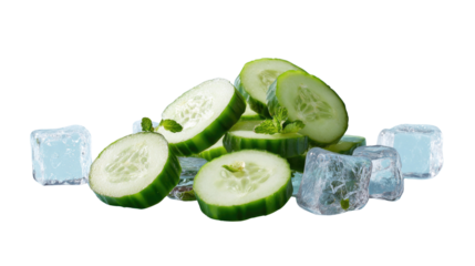 Refreshing Cucumber Delight: A vibrant arrangement of crisp cucumber slices and cool ice cubes. The scene is simple, fresh, and ready for enjoyment, a perfect snapshot of summer freshness.