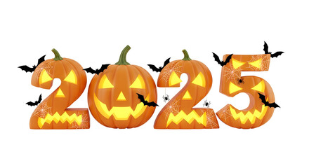 Happy Halloween 2025 spooky carved pumpkins and flying bats festive decoration for the holiday season