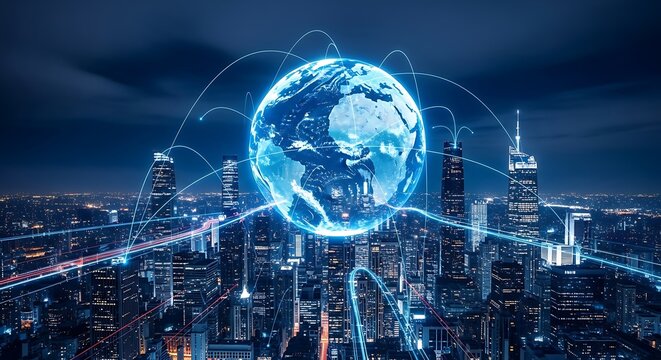 Digital globe with glowing connections superimposed over a futuristic cityscape at night