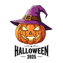 Jack-o'-lantern wearing a witch hat with the text 'Halloween 2025' below it, perfect for seasonal decorations and festive celebrations
