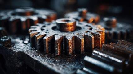 Close-up view of rusty metal gears interlocking in a mechanical assembly, showcasing intricate details and textures, representing industrial machinery and engineering concepts