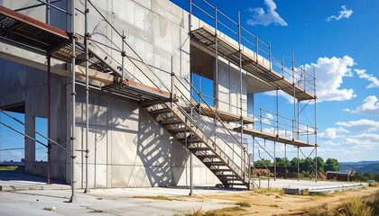 Construction site with scaffolding and concrete walls