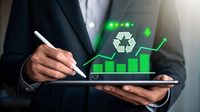 Businessman analyzing sustainable business growth with a green recycling symbol and upward chart on a digital tablet. - Powered by Adobe