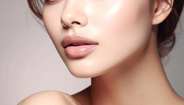 Close-up woman's face, smooth skin, perfect makeup