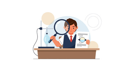 Boy student conducting experiment with magnifying glass and document in laboratory scene