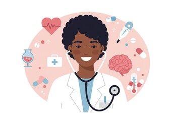 Smiling African American female doctor with medical icons.