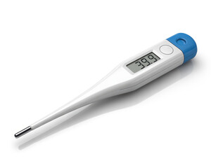 A digital thermometer displaying a high temperature reading on a white surface with a blue cap end piece on transparent background