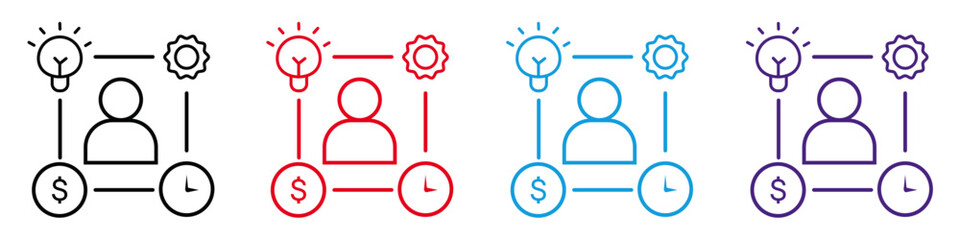 Profile icon with intelligence, innovation, money and timing diagram or symbol | Four colour modern start-up icon set 