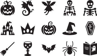 Halloween fantasy icon set pumpkin dragon ghost unicorn bat silhouette vector