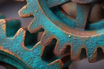 Close-up of weathered gears showcasing intricate textures and vibrant patina, highlighting mechanical craftsmanship and industrial design elements in a vintage aesthetic