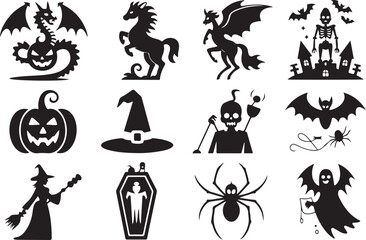 Halloween fantasy icon set pumpkin dragon ghost unicorn bat silhouette vector