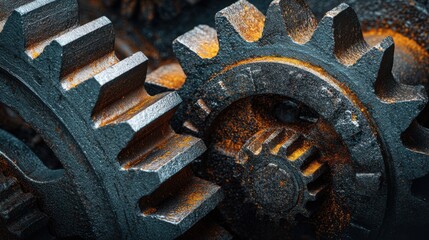 Close-up view of interlocking metal gears with a textured surface, showcasing rust and wear, highlighting the intricate mechanics of machinery in industrial settings