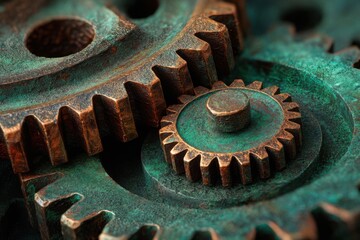 Close-up view of intricate metal gears with a weathered patina, showcasing the beauty of mechanical engineering and craftsmanship in a vintage industrial setting