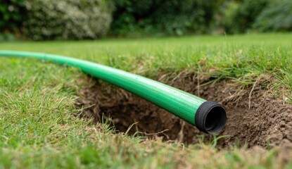 Green garden hose buried in a trench