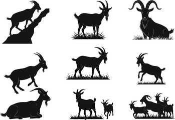 Goat silhouette vector set, mountain goat, jumping goat, baby goat, goat herd, farm animal, black goat, goat pose collection, livestock clipart