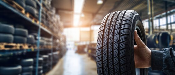 The Tire Held in Hand in a Busy Warehouse Full of Stocked Tires