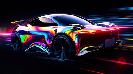 A futuristic SUV driving at high speed against the backdrop of a night city