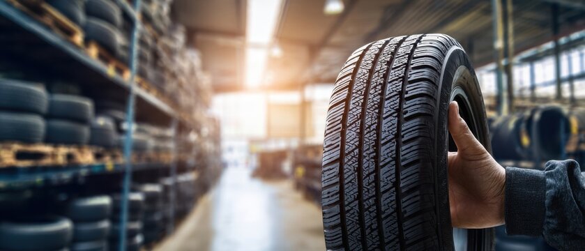 The Tire Held in Hand in a Busy Warehouse Full of Stocked Tires - Powered by Adobe