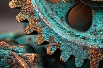 Close-up view of rusted gears with turquoise patina, showcasing intricate details and textures, representing the beauty of industrial machinery and vintage engineering concepts