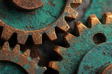 Close-up of rusty gears with intricate textures and vibrant patina, showcasing mechanical engineering details and the beauty of aged metal in a vintage industrial setting